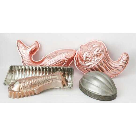 Set Of 5 Vintage Copper-Tone Aluminum Jelly Mold Fish & Cornucopia Designs Assor - Picture 1 of 7